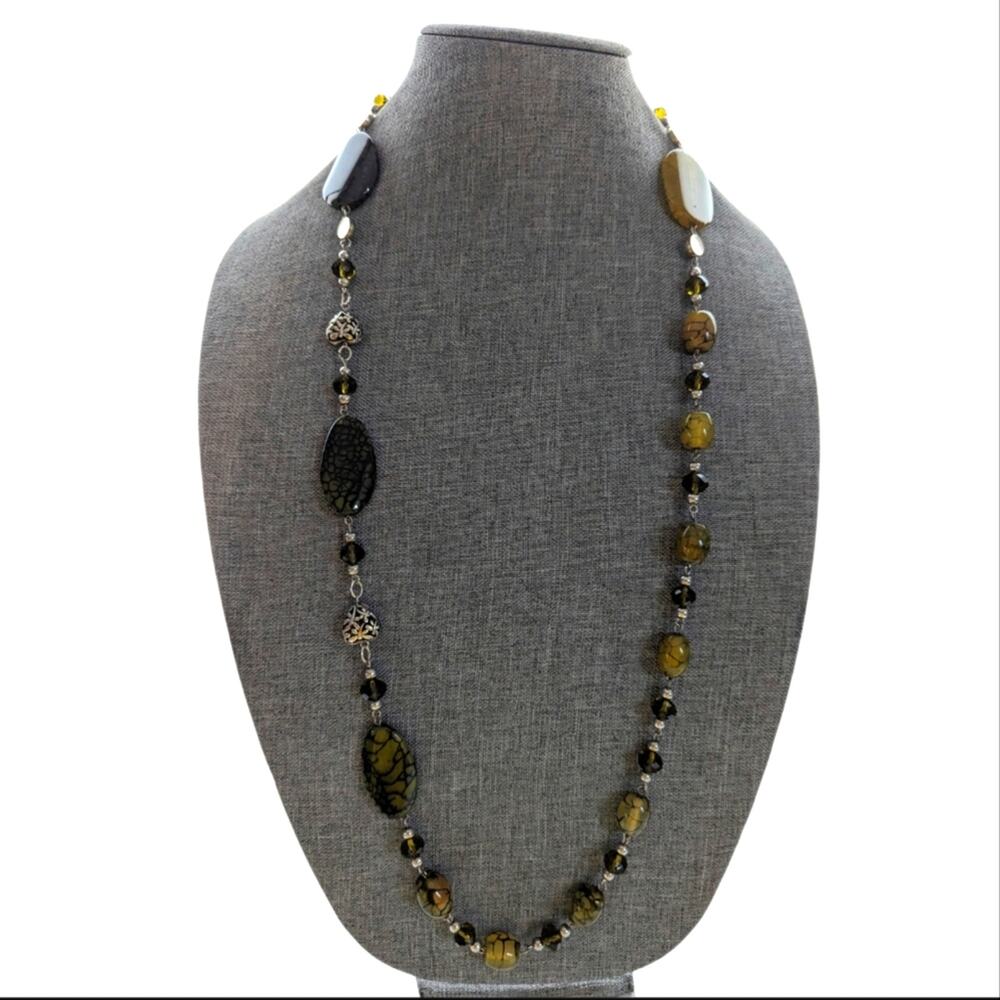 Artisan Stunning Green Spiderweb Agate Glass Beaded Crystals Long Boho Necklace